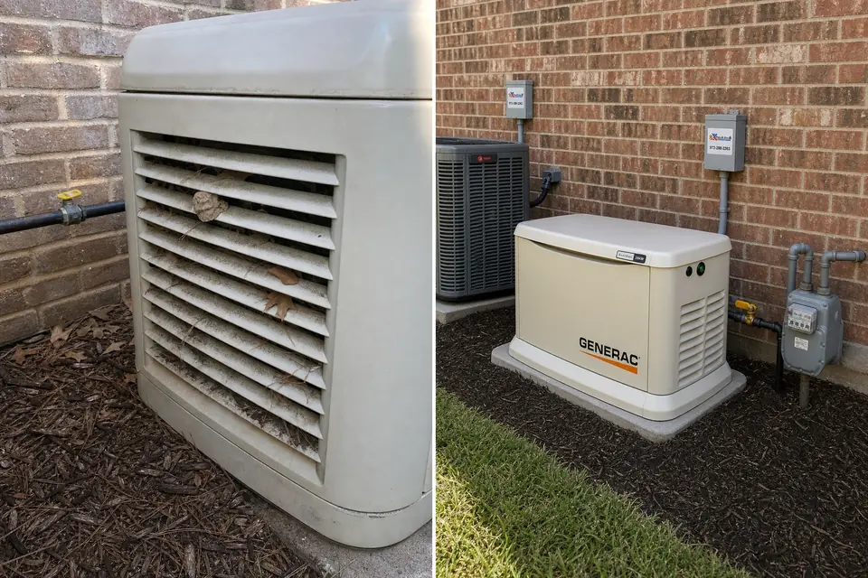 Generator enclosure debris and pests, Sunnyvale, TX Side by side: an older louvered generator packed with leaves and a nest, and a clean Generac standby generator enclosure, Sunnyvale, TX