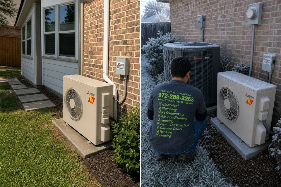 Ductless through summer heat and winter freezes, Sunnyvale, TX A ductless mini-split outdoor unit running in North Texas summer heat and on an icy winter morning as a technician checks it, Sunnyvale, TX