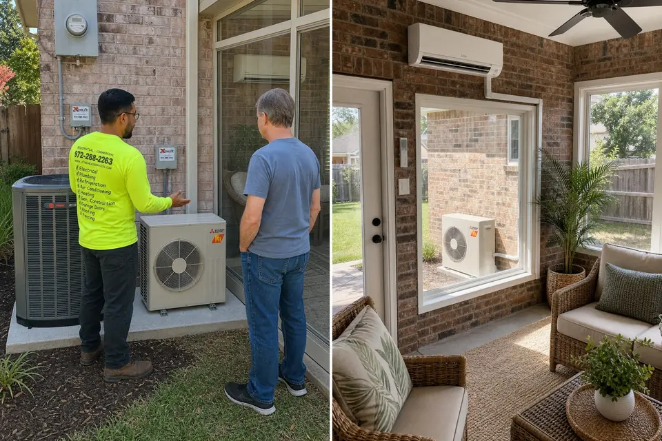 When a mini-split is the right fix, Sunnyvale, TX Xtreme Air Services technician showing a homeowner a new mini-split outdoor unit beside their central AC, and the sunroom it cools, Sunnyvale, TX