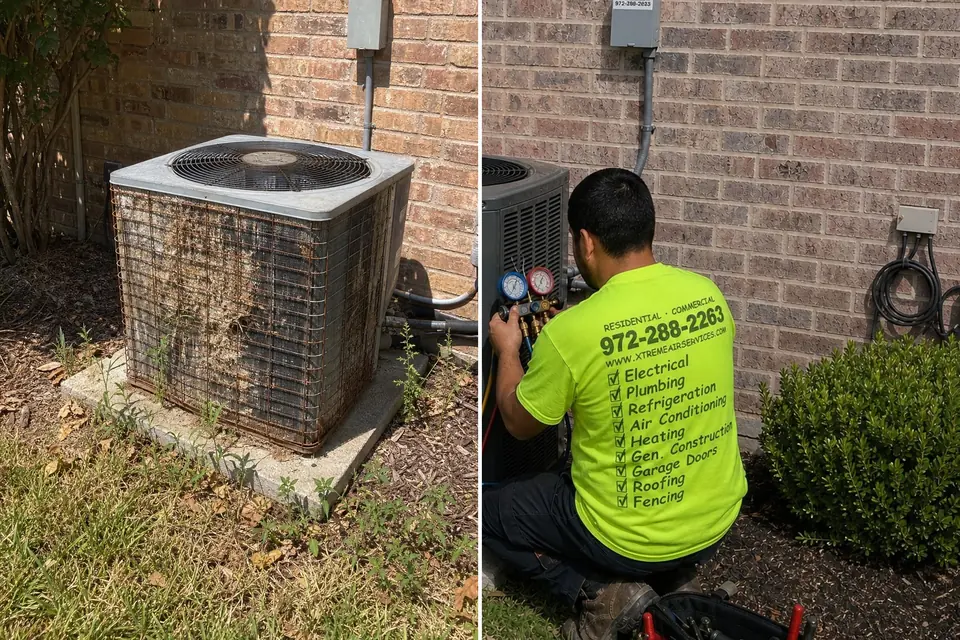 Neglected, sun-baked AC clogged with debris beside a well-kept Trane getting a maintenance tune-up from Xtreme Air Services, Sunnyvale, TX