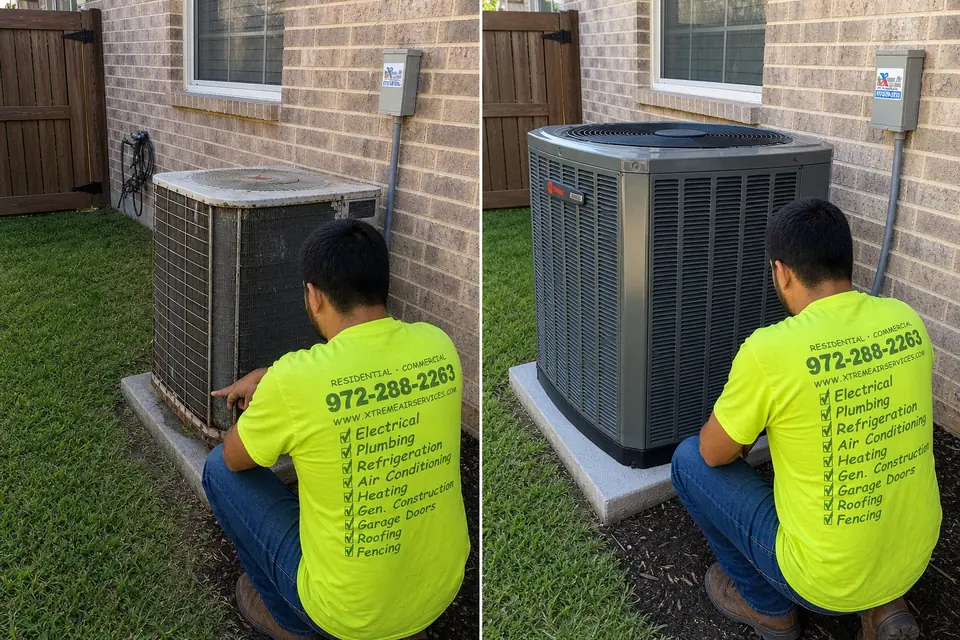 An aging AC condenser next to a new Trane condenser, checked by an Xtreme Air Services technician, Sunnyvale, TX