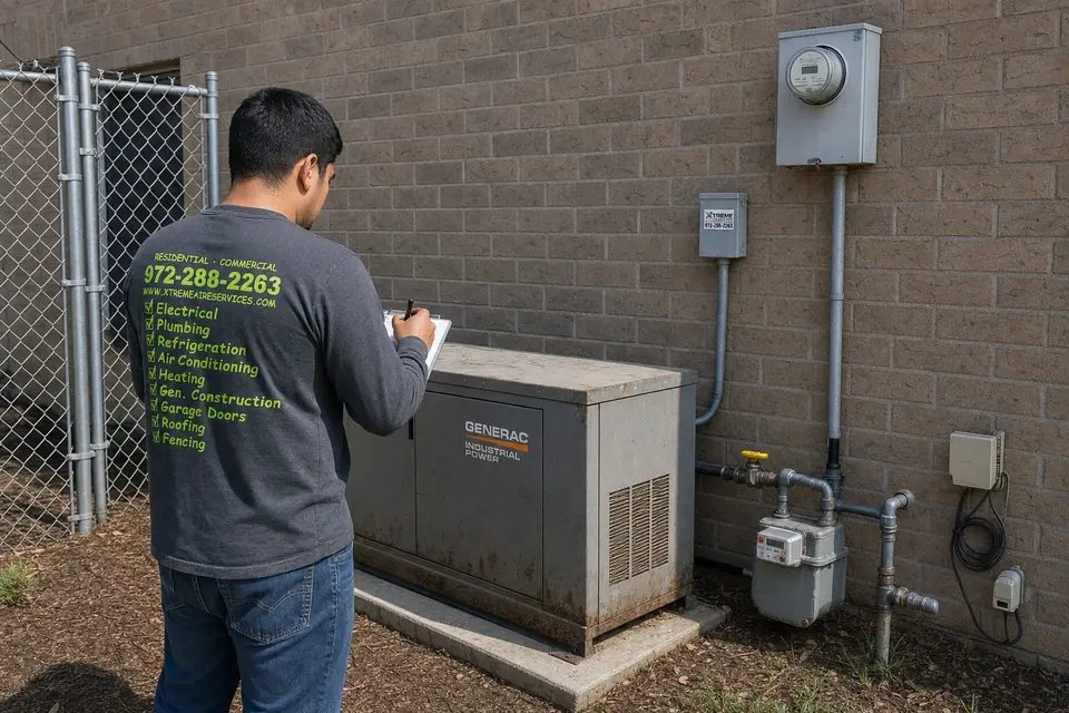 Xtreme Air Services technician assessing an older commercial standby generator for replacement in Sunnyvale, TX