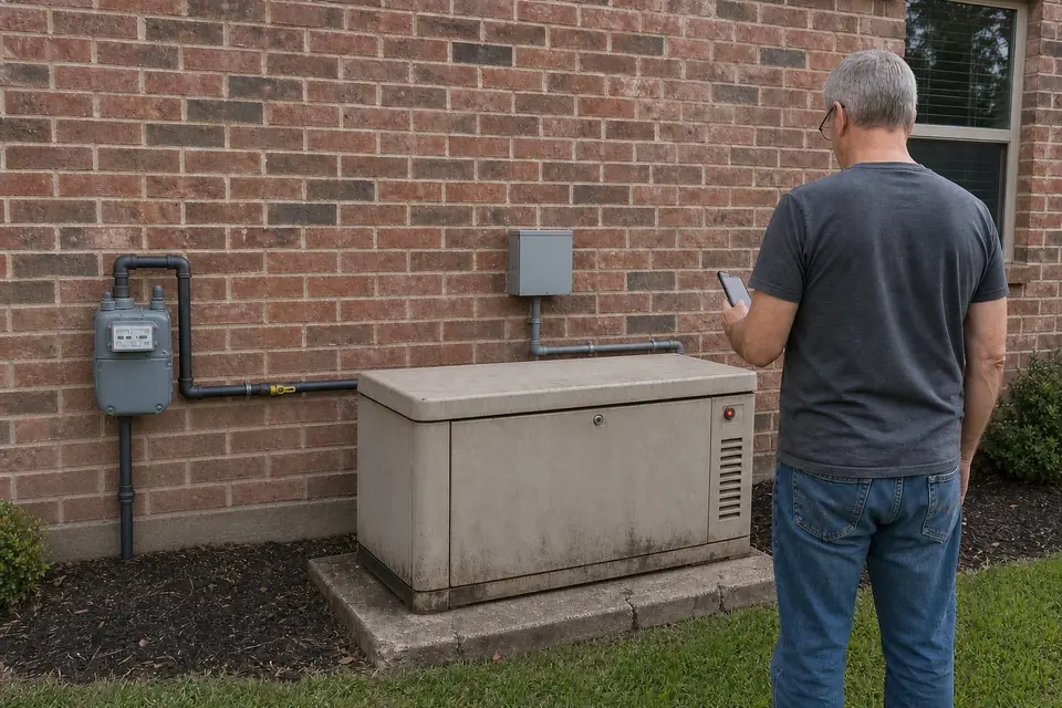 When generator maintenance isn't a fit, Sunnyvale, TX Homeowner looking at an older off-brand standby generator with a red fault light, installed by another company, Sunnyvale, TX