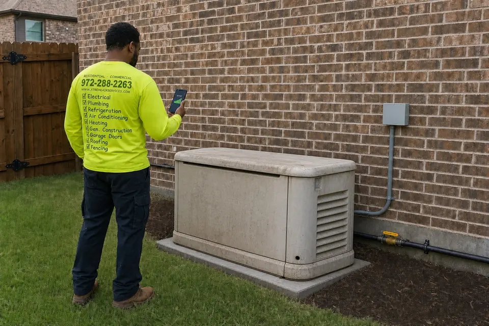 When generator monitoring isn't a fit, Sunnyvale, TX Technician checking signal near an older off-brand standby generator installed by another company, Sunnyvale, TX