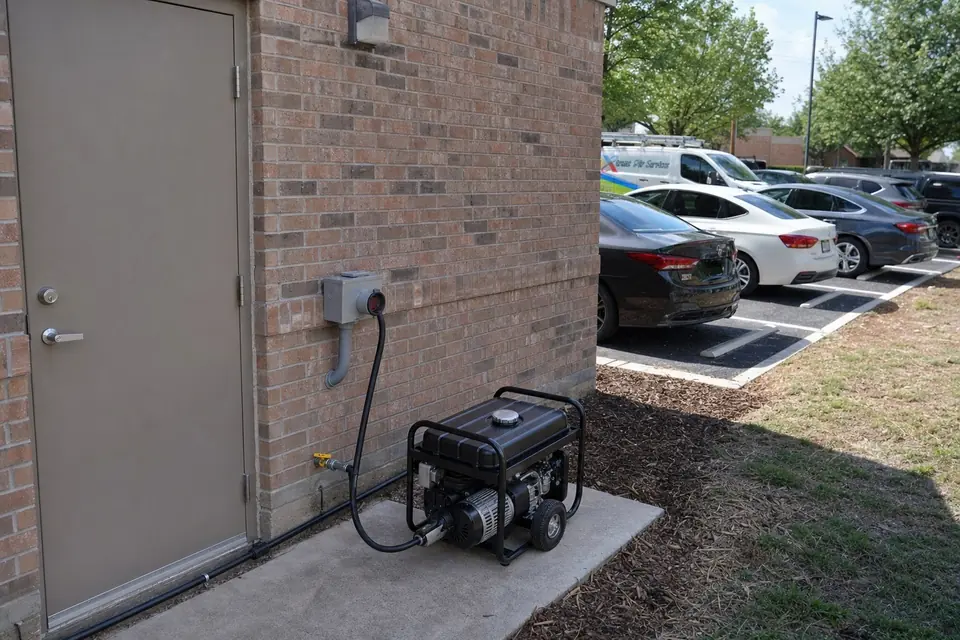 Portable generator hookup for a small business, Sunnyvale, TX Portable generator plugged into a generator inlet box beside the back door of a small business in Sunnyvale, TX