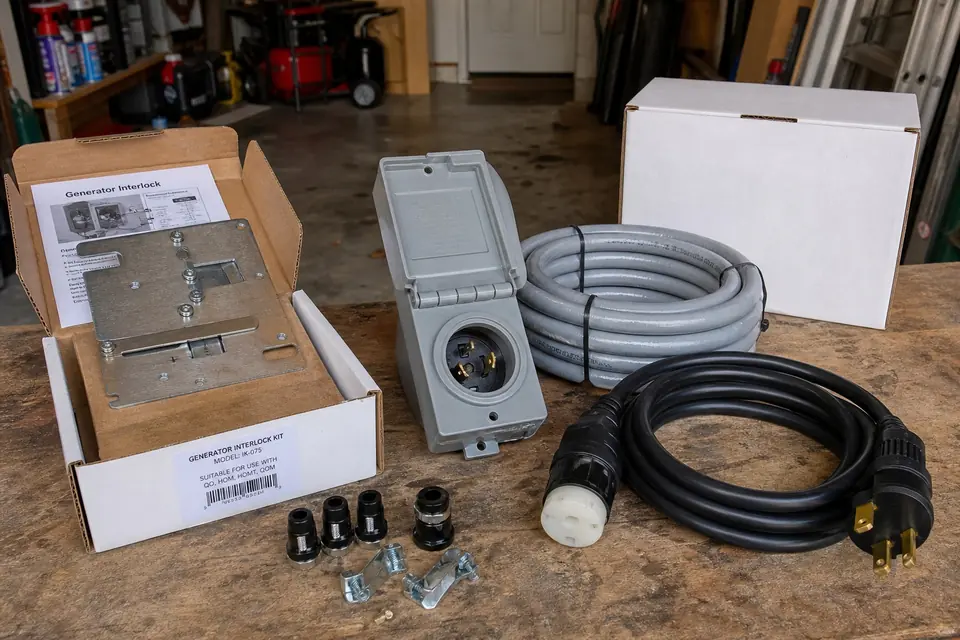Generator interlock kit, power inlet box, cord and fittings included in a portable generator hookup in Sunnyvale, TX