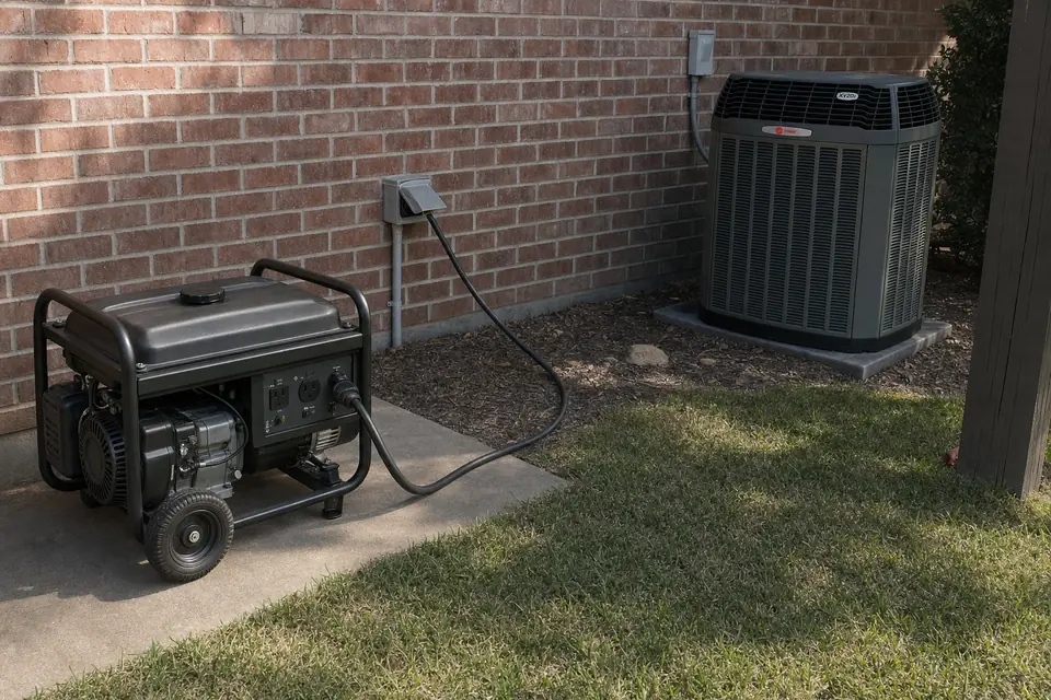 Portable generator connected to a home inlet box, Sunnyvale, TX Portable generator on a patio plugged into a generator inlet box on a brick home, Trane XV20i air conditioner beside it, Sunnyvale, TX