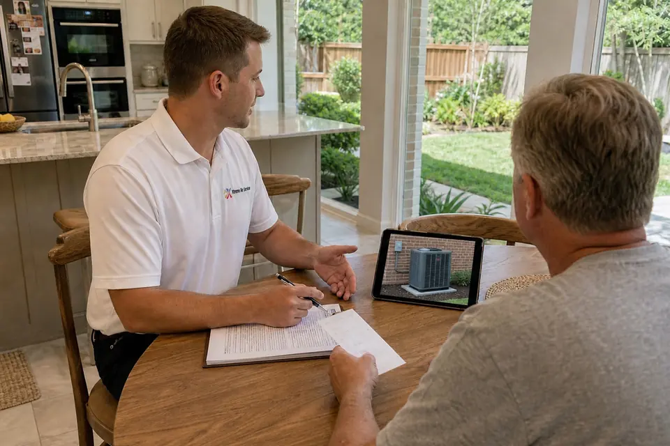 Xtreme Air Services representative answering a homeowner's questions at the kitchen table with a tablet showing a Trane AC, Sunnyvale, TX