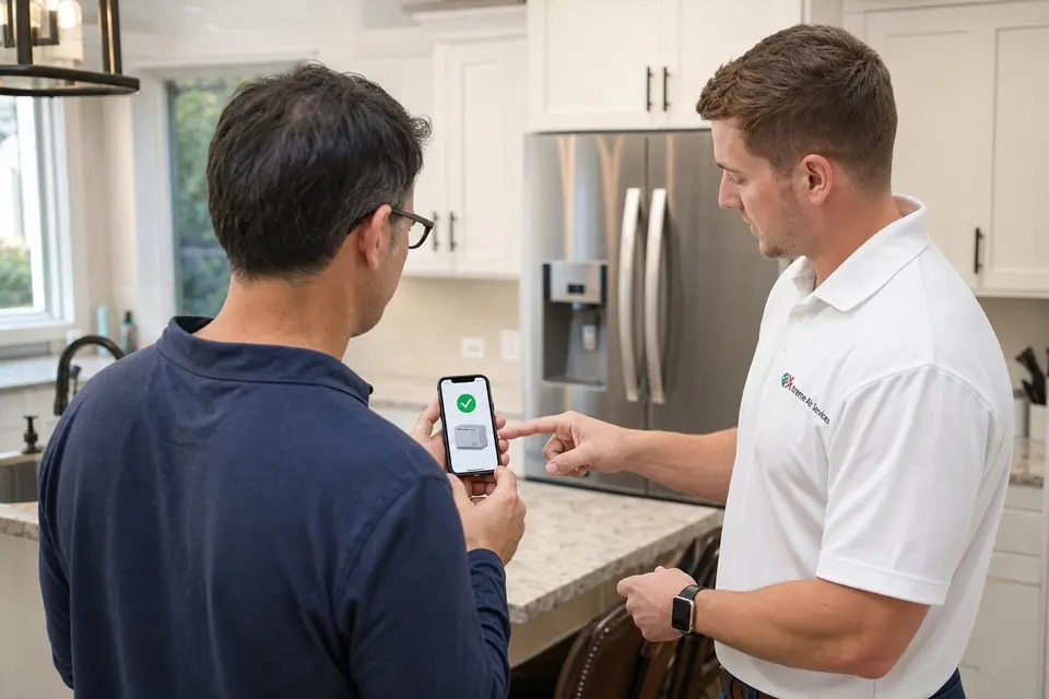 Xtreme Air Services representative explaining the generator monitoring app to a homeowner in the kitchen, Sunnyvale, TX
