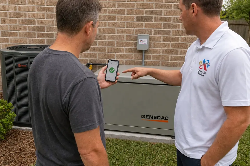 Xtreme Air Services representative pointing to a generator monitoring app on a homeowner's phone beside a Generac standby generator, Sunnyvale, TX