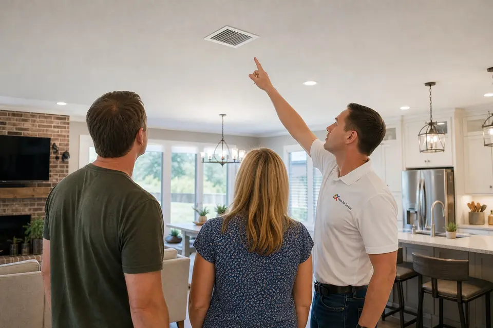 When ductless isn't the right fix, Sunnyvale, TX Xtreme Air Services representative showing homeowners the central ceiling register in a large open-plan North Texas home, Sunnyvale, TX