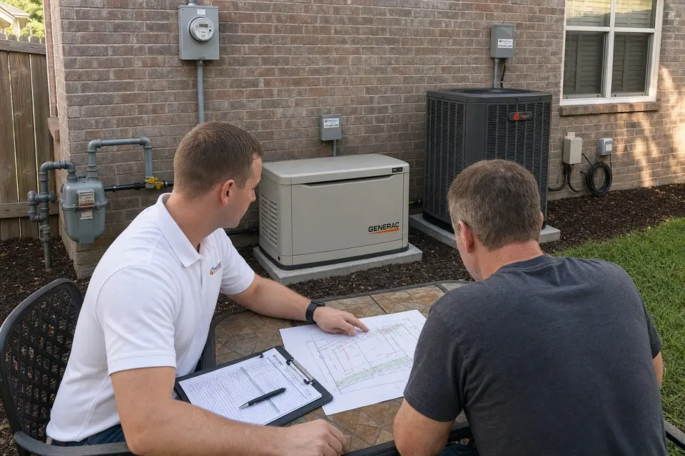 Generator placement permits and clearances, Sunnyvale, TX Xtreme Air Services representative and homeowner reviewing a property survey and permit checklist for generator placement in Sunnyvale, TX