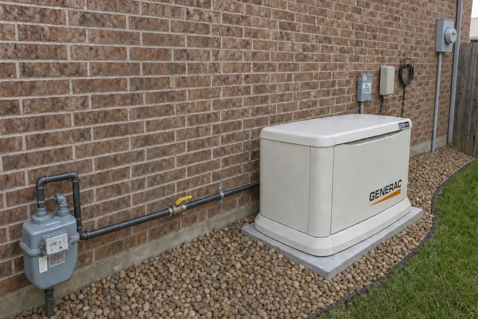 Rigid black-iron gas line running from the gas meter through a yellow shutoff valve to a Generac standby generator, Sunnyvale, TX