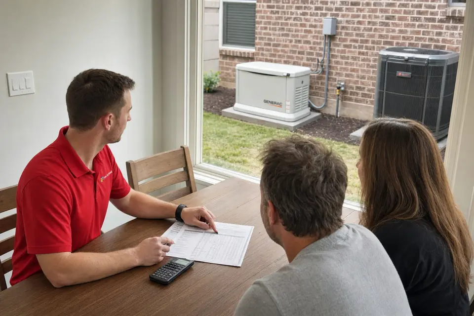 Picking the right generator size, Sunnyvale, TX Xtreme Air Services representative going over a generator sizing worksheet with homeowners at the kitchen table, Sunnyvale, TX