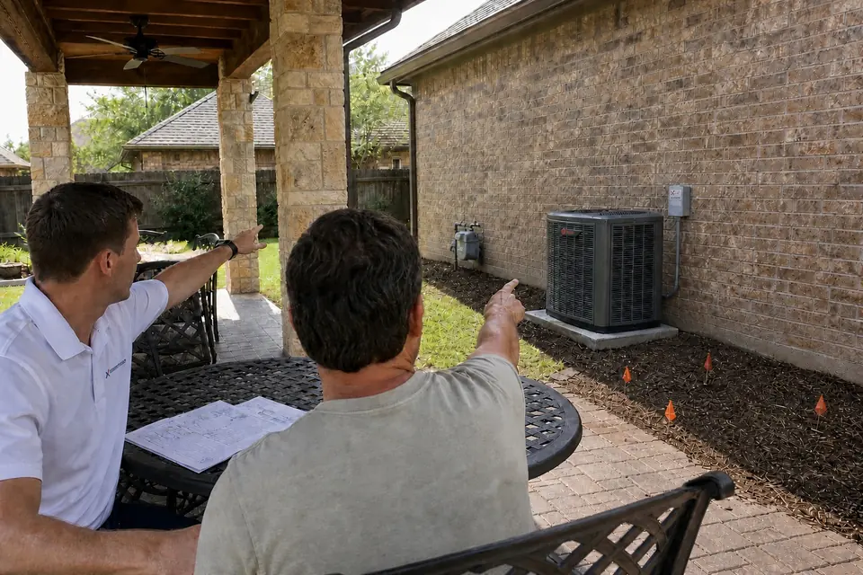 Planning where a generator goes, Sunnyvale, TX Xtreme Air Services representative and homeowner on a covered patio pointing out a marked spot beside the AC for a future standby generator, Sunnyvale, TX