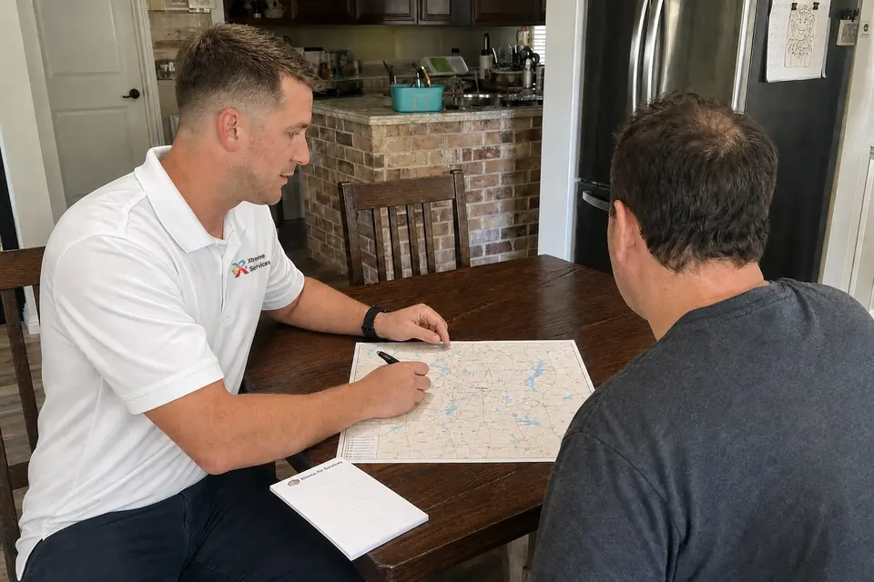 Checking the service area for a fuel line job, Sunnyvale, TX Xtreme Air Services representative reviewing a Dallas-area service map with a homeowner at the kitchen table in Sunnyvale, TX