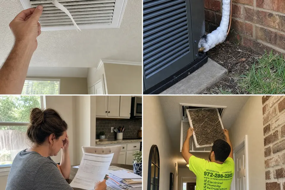Signs your system is overdue for service, Sunnyvale, TX Four signs an HVAC system is overdue for service: weak vent airflow, a frozen refrigerant line, climbing bills and a clogged filter, Sunnyvale, TX