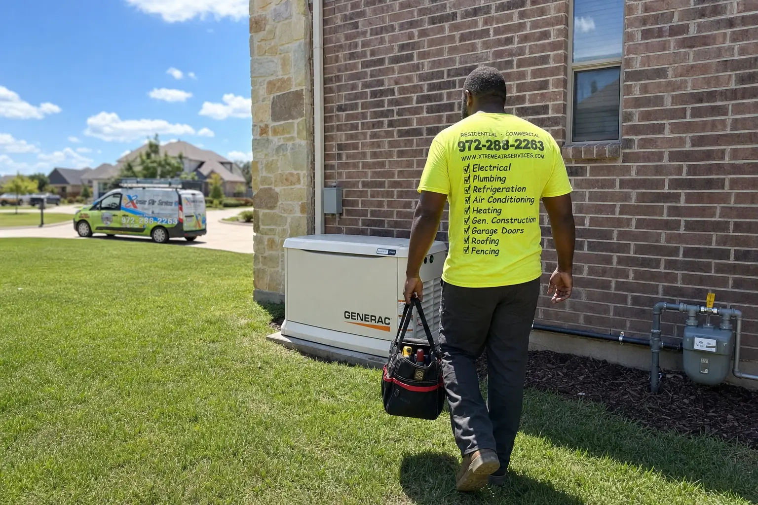 Whole-home standby generator installation, Sunnyvale, TX Xtreme Air Services technician walking to a newly installed Generac home standby generator beside a brick home in Sunnyvale, TX, company van at the curb