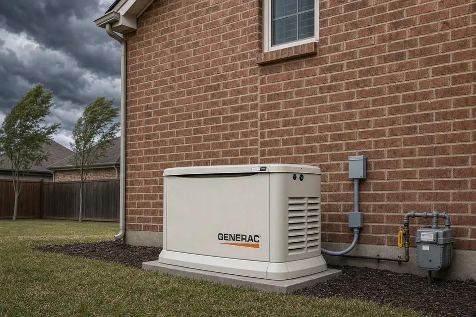 Standby generator ready for a North Texas storm, Sunnyvale, TX Generac standby generator beside a brick home under dark North Texas storm clouds in Sunnyvale, TX