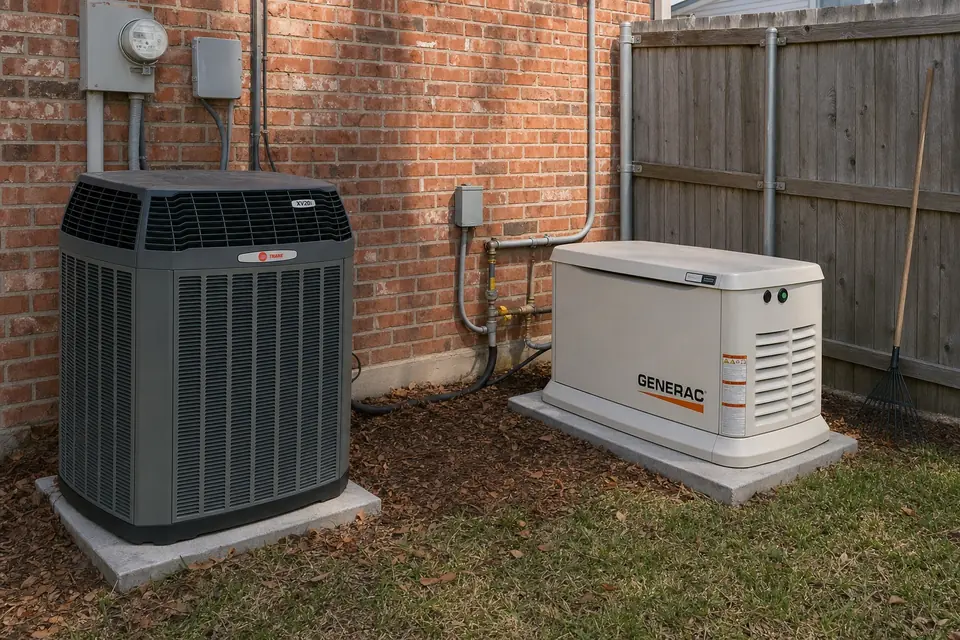 Keeping generator vents clear, Sunnyvale, TX Standby generator beside a cedar fence with leaves at its vents and a rake nearby, a check homeowners can do, Sunnyvale, TX