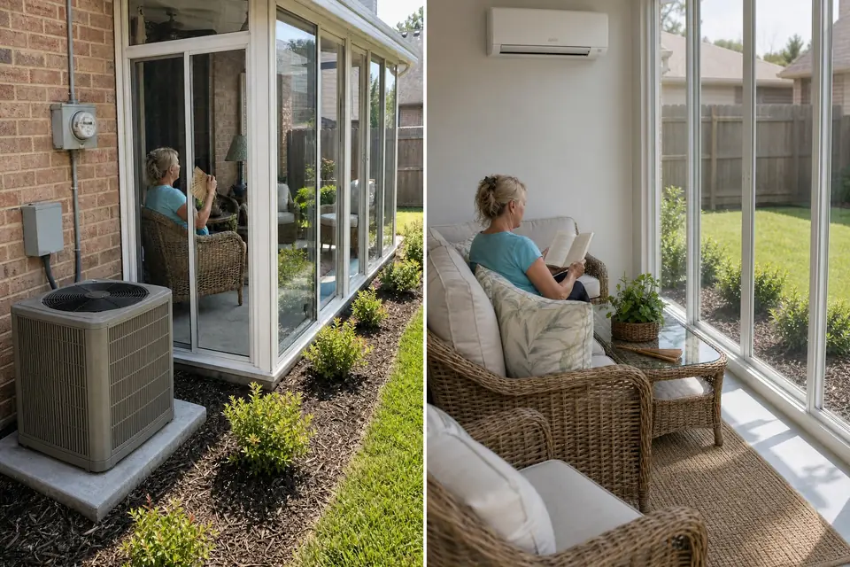 Signs a room needs ductless heating and AC, Sunnyvale, TX A hot sunroom addition the central AC never reached, then the same room cool and comfortable with a new ductless mini-split, Sunnyvale, TX