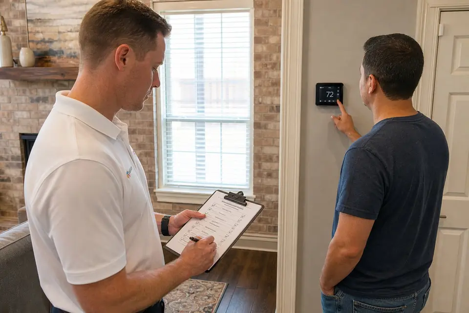 Comfort and closeout inspections, Sunnyvale, TX Xtreme Air Services supervisor completing a final inspection checklist as the homeowner sets the thermostat after an install, Sunnyvale, TX