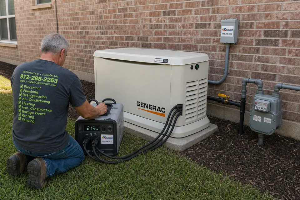 Generator load testing visit, Sunnyvale, TX Xtreme Air Services technician adjusting a load bank connected to a Generac standby generator during a load test, Sunnyvale, TX