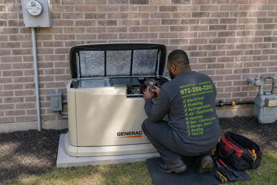 Xtreme Air Services technician testing a Generac standby generator's control board with a multimeter during an annual inspection in Sunnyvale, TX