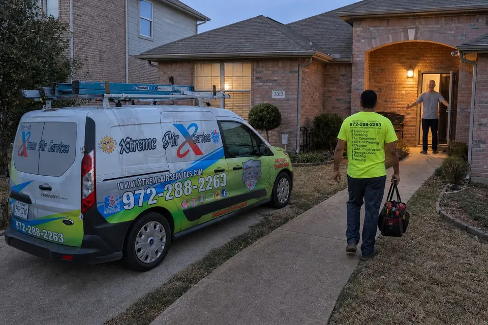 HVAC service any time of day, Sunnyvale, TX Xtreme Air Services technician walking up to a home's front door in the evening as the homeowner welcomes him in, company van in the driveway, Sunnyvale, TX