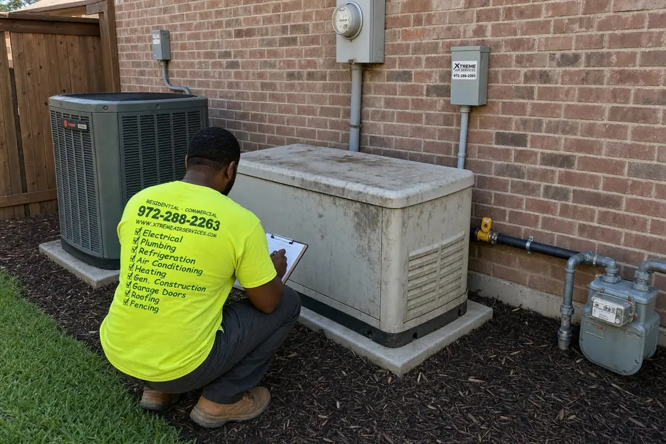 Generator repair vs. replace factors, Sunnyvale, TX Xtreme Air Services technician assessing an older, weathered standby generator for repair or replacement, Sunnyvale, TX