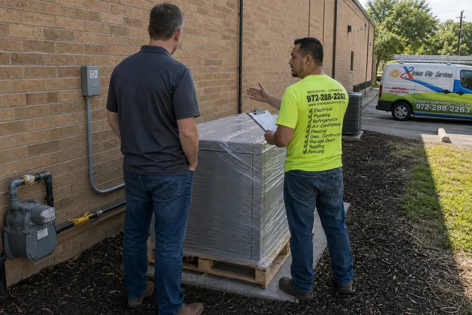Commercial generator questions, Sunnyvale, TX Xtreme Air Services technician talking with a business owner beside an unbranded standby generator still on its shipping pallet, Sunnyvale, TX