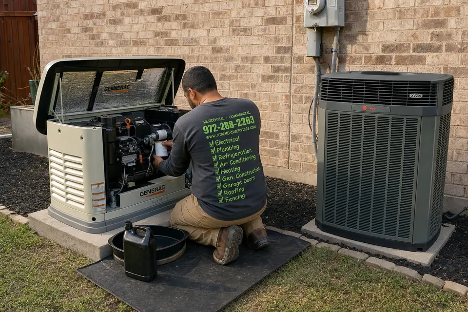 Generator maintenance visit, Sunnyvale, TX Xtreme Air Services technician changing the oil filter on a standby generator during a maintenance visit in Sunnyvale, TX