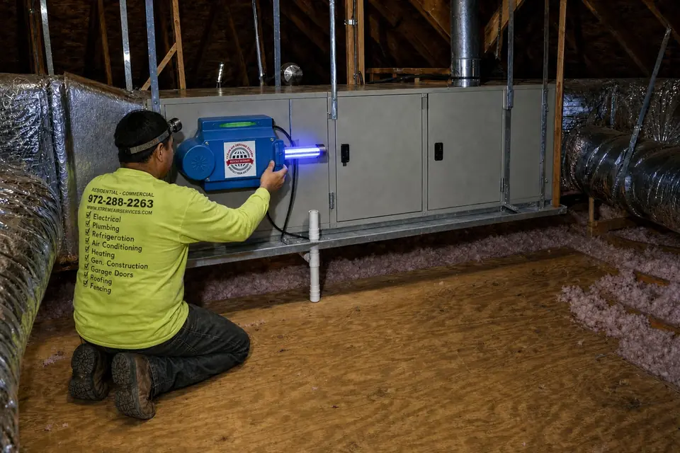 UV lamp change at the maintenance visit, Sunnyvale, TX Xtreme Air Services technician changing the UV lamp in a Clean Air Defense UV air purifier on an attic air handler, Sunnyvale, TX
