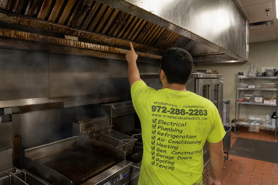 Signs Your Kitchen Exhaust System Needs Attention, Sunnyvale, TX Technician checking a grease-coated commercial kitchen exhaust hood, Sunnyvale, TX
