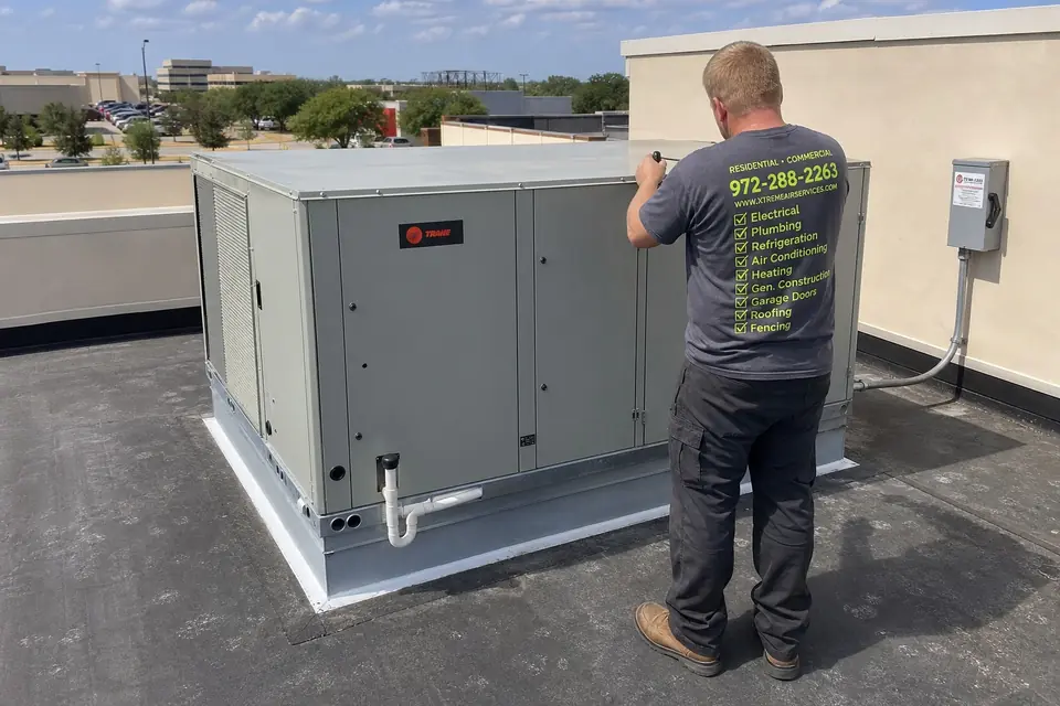 Permits, Licensing, and Code Compliance to Verify Before You Hire, Sunnyvale, TX Technician checking a new Trane packaged rooftop unit on a commercial roof, Sunnyvale, TX