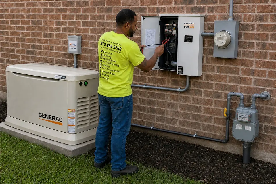 Automatic transfer switch check, Sunnyvale, TX Xtreme Air Services technician checking the contacts inside an open automatic transfer switch beside a Generac standby generator, Sunnyvale, TX