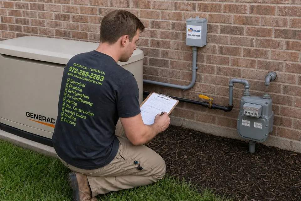 Can your gas meter handle a generator, Sunnyvale, TX Xtreme Air Services technician checking the gas meter that feeds a Generac standby generator, with its J-box and conduit on the wall, Sunnyvale, TX
