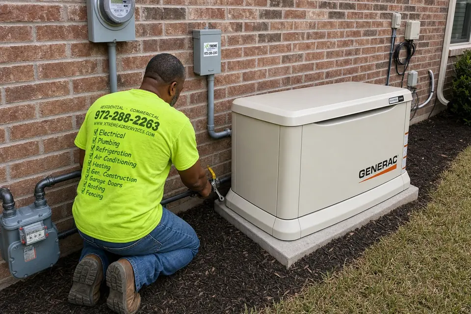 Xtreme Air Services technician checking a fitting at the shutoff valve on a generator gas line in Sunnyvale, TX