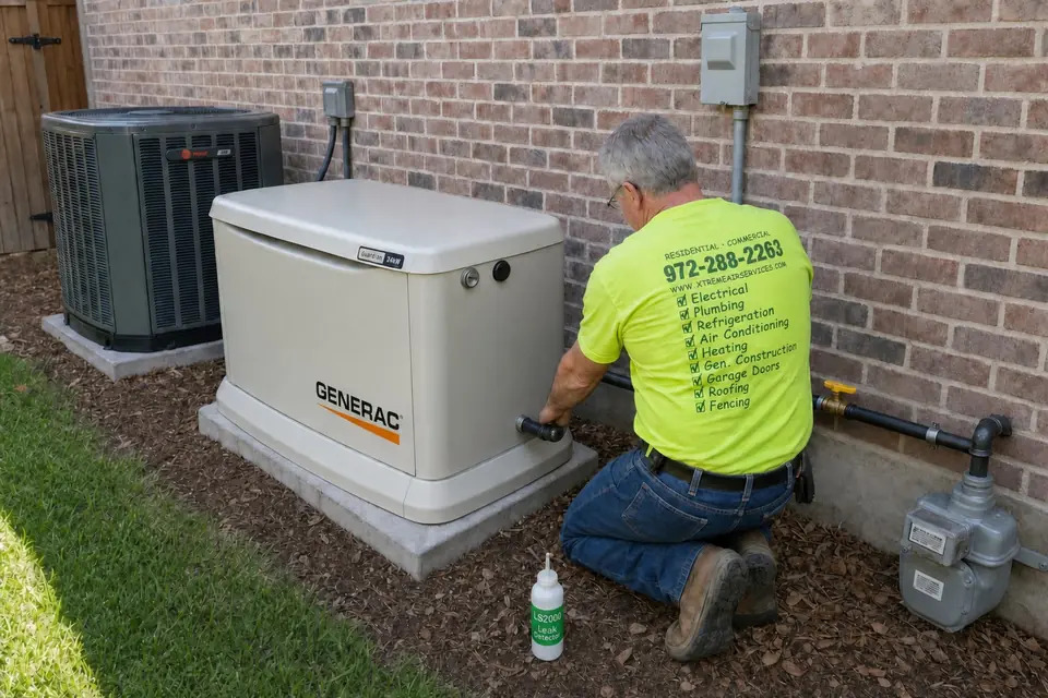 Generator won't start: checking the fuel supply, Sunnyvale, TX Xtreme Air Services technician checking the gas supply line and shutoff valve on a Generac standby generator that won't start, Sunnyvale, TX