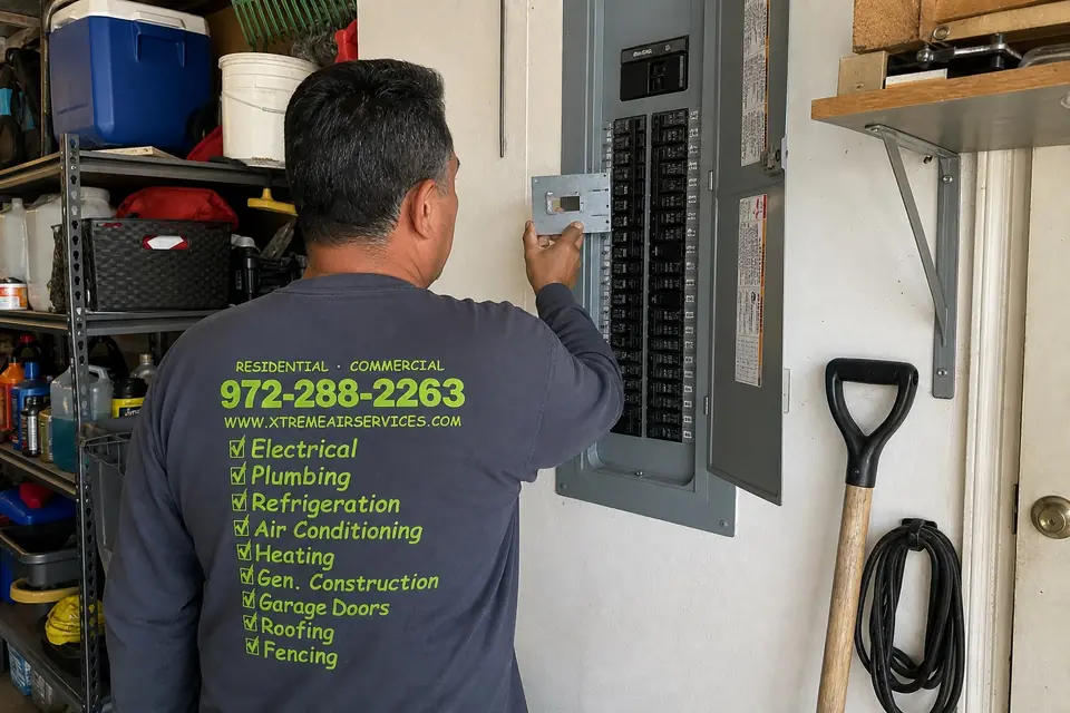 Xtreme Air Services technician checking whether a generator interlock plate fits a crowded main panel in a Sunnyvale, TX garage