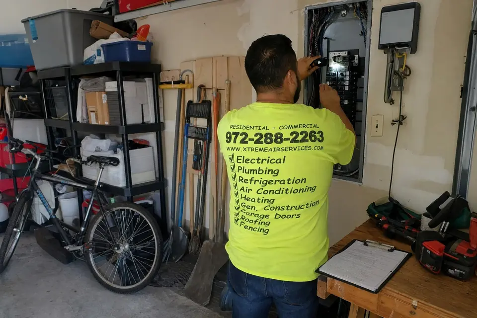 Xtreme Air Services technician checking a home's main electrical panel in a Sunnyvale, TX garage during a backup power assessment