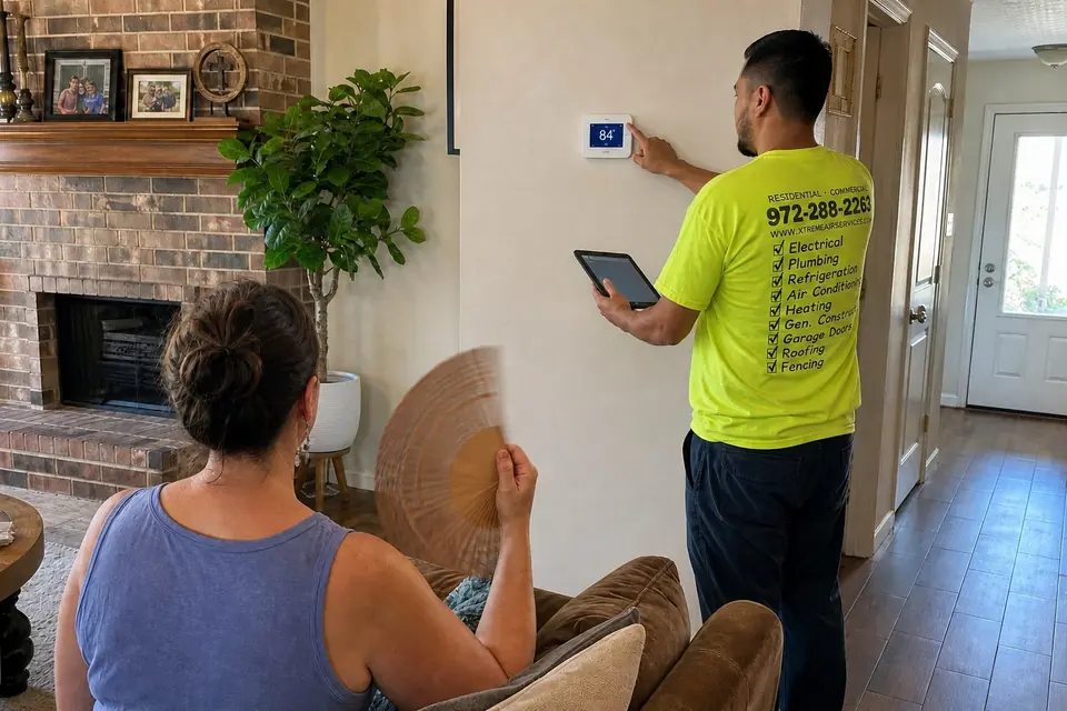 Signs your system needs a professional look, Sunnyvale, TX Xtreme Air Services technician checking a thermostat reading high on a hot afternoon while the homeowner fans herself, Sunnyvale, TX
