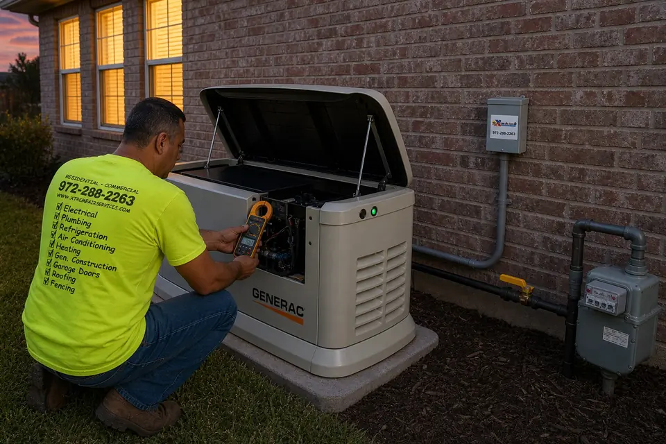 Load testing before repair or replace, Sunnyvale, TX Xtreme Air Services technician reading amps with a clamp meter on a running Generac standby generator at dusk, Sunnyvale, TX