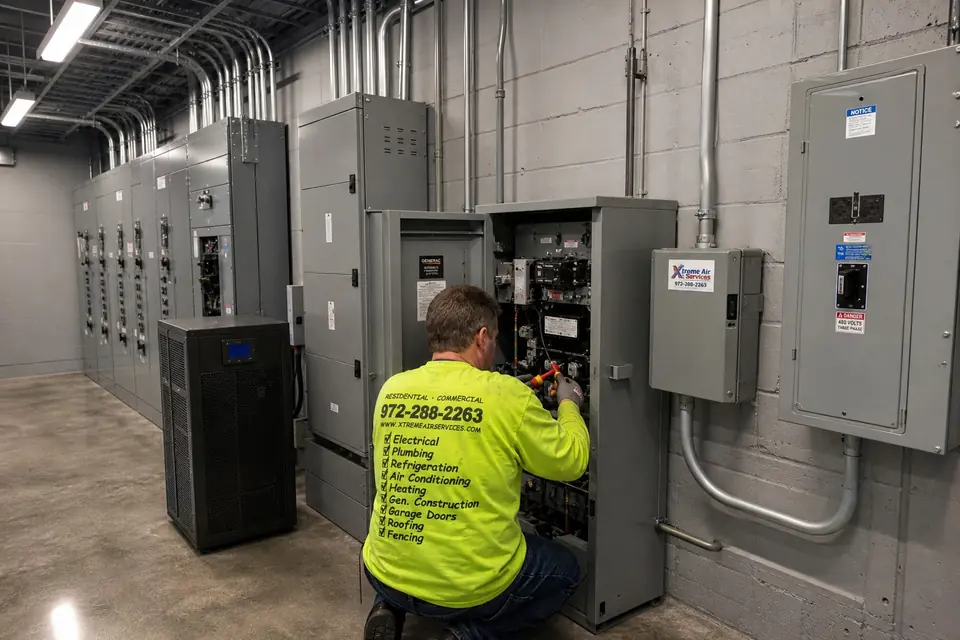 Xtreme Air Services technician working on a commercial automatic transfer switch in a building mechanical room in Sunnyvale, TX