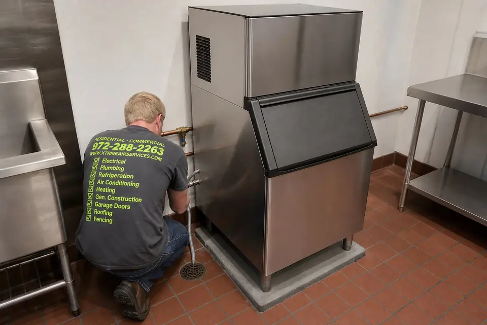 How a Licensed Team Completes the Installation, Sunnyvale, TX Technician connecting a commercial ice machine in a restaurant kitchen, Sunnyvale, TX