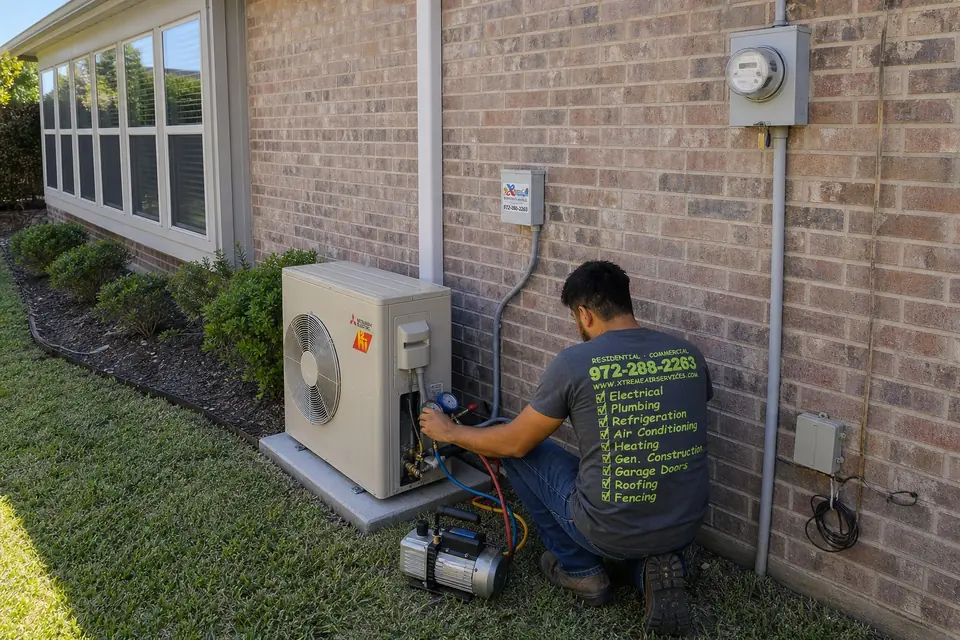 Mini-split installation step by step, Sunnyvale, TX Xtreme Air Services technician connecting the line set and gauges at a new mini-split outdoor unit during installation, Sunnyvale, TX