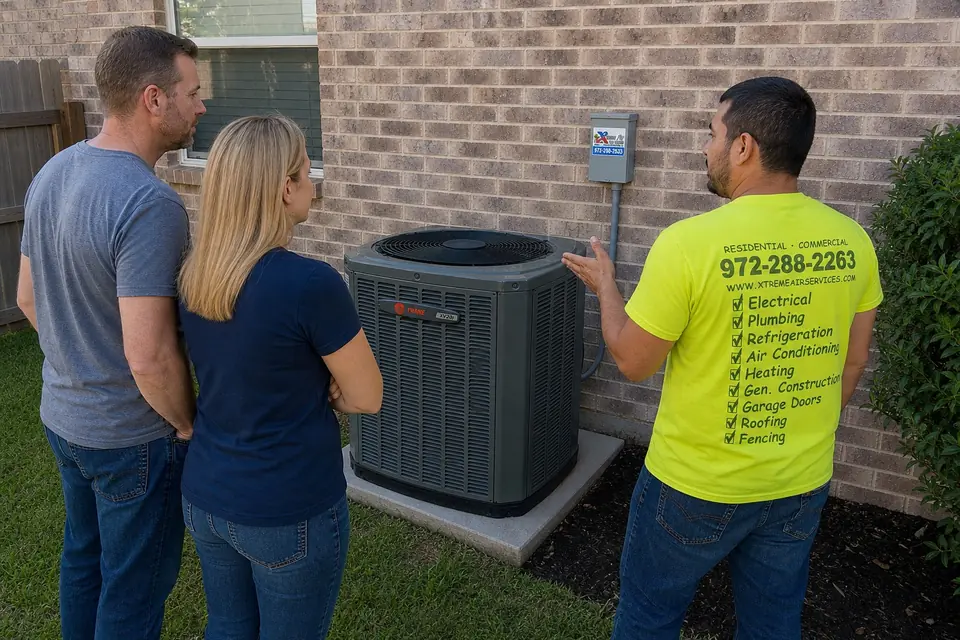 A/C installation costs explained, Sunnyvale, TX Xtreme Air Services technician explaining what drives A/C installation cost beside a Trane condenser to homeowners, Sunnyvale, TX