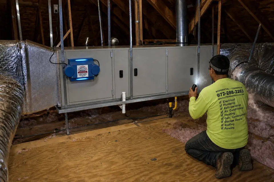 Xtreme Air Services technician finding a leaking attic duct beside a Clean Air Defense UV air purifier, Sunnyvale, TX
