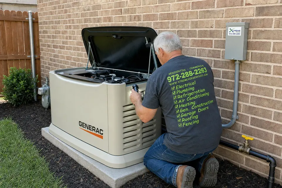 Repair or replace during annual service, Sunnyvale, TX Xtreme Air Services technician inspecting a standby generator's engine compartment for wear during annual service, Sunnyvale, TX