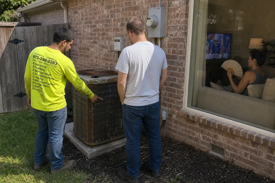 When a tune-up won't solve the problem, Sunnyvale, TX Xtreme Air Services technician and homeowner looking at a worn-out old AC while his wife fans herself inside, when a tune-up won't help, Sunnyvale, TX